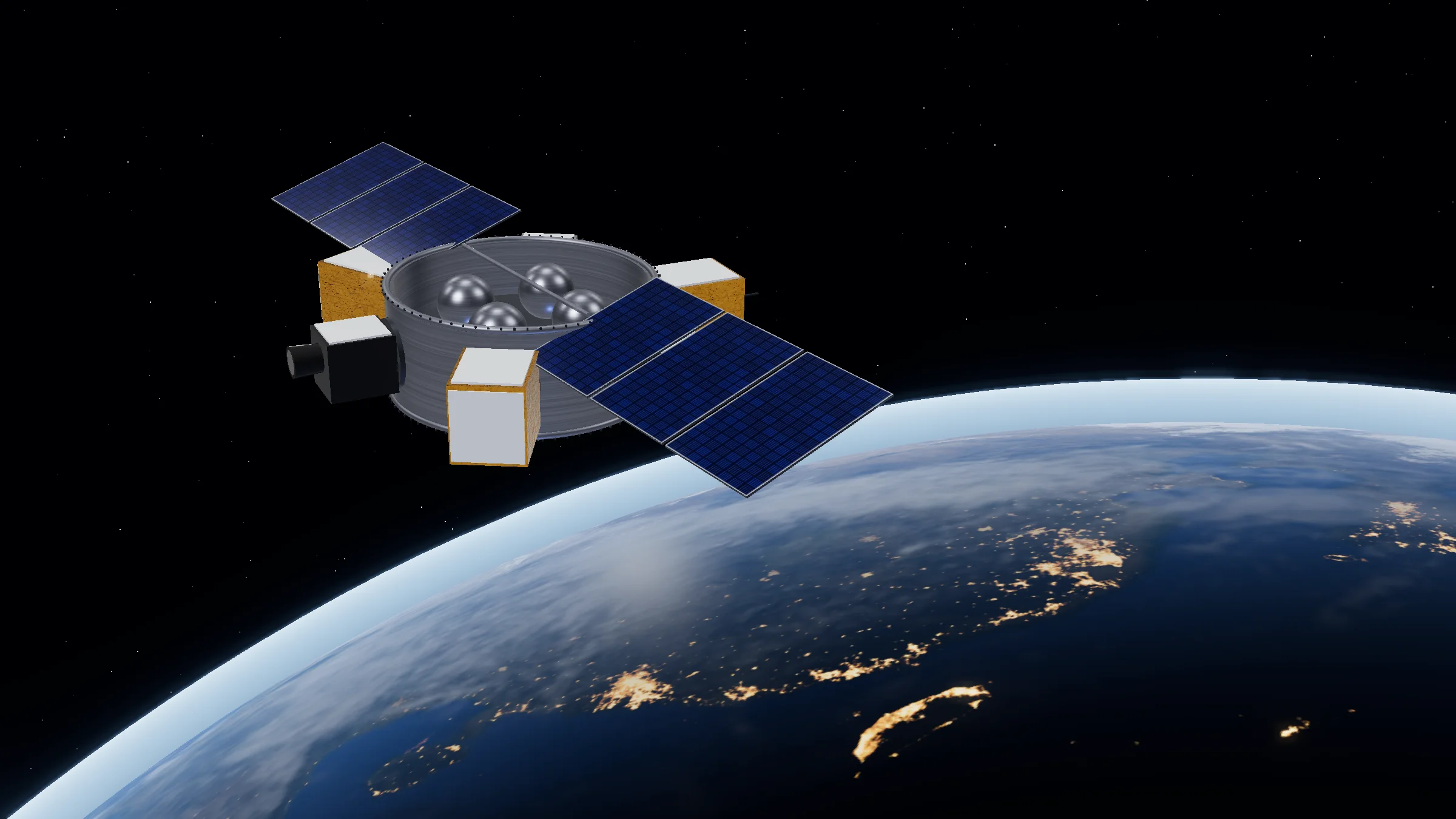 Illustration of an ESPA-ring rideshare spacecraft with solar arrays and several payloads, in orbit above Earth at the day-night line with city lights below